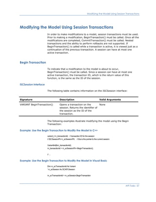 Modifying the Model Using Session Transactions
Modifying the Model Using Session Transactions
In order to make modifications to a model, session transactions must be used.
Prior to making a modification, BeginTransaction() must be called. Once all the
modifications are completed, CommitTransaction() must be called. Nested
transactions and the ability to perform rollbacks are not supported. If
BeginTransaction() is called while a transaction is active, it is viewed just as a
continuation of the previous transaction. A session can have at most one
active transaction.
Begin Transaction
To indicate that a modification to the model is about to occur,
BeginTransaction() must be called. Since a session can have at most one
active transaction, the transaction ID, which is the return value of this
function, is the same as the ID of the session.
ISCSession Interface
The following table contains information on the ISCSession interface:
Signature Description Valid Arguments
VARIANT BeginTransaction() Opens a transaction on the
session. Returns the identifier of
the session as the ID of the
transaction.
None
The following examples illustrate modifying the model using the Begin
Transaction:
Example: Use the Begin Transaction to Modify the Model in C++
variant_t m_transactionId; // transaction ID for the session
// ISCSessionPtr m_scSessionPtr; // this is the pointer to the current session
VariantInit(&m_transactionId);
m_transactionId = m_scSessionPtr->BeginTransaction();
// …
Example: Use the Begin Transaction to Modify the Model in Visual Basic
Dim m_scTransactionId As Variant
' m_scSession As SCAPI.Session
m_scTransactionId = m_scSession.BeginTransaction
API Tasks 57
 