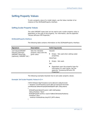 Setting Property Values
Setting Property Values
To set a property value of a model object, use the Value member of an
instance of the ISCModelProperty interface.
Setting Scalar Property Values
The valid VARIANT types that can be used to set a scalar property value is
dependent on the type of the property. For information, see the appendix
“Access AllFusion PM Properties.”
ISCModelProperty Interface
The following table contains information on the ISCModelProperty interface:
Signature Description Valid Arguments
void Value(VARIANT
ValueId [optional],
VARIANT ValueType
[optional], VARIANT Val )
Sets the indicated
property value with the
given value
ValueId:
Empty - Not used when setting scalar
properties.
ValueType:
Empty - Not used.
Val:
Dependent upon the property type-For
information on valid values, see the
appendix “Accessing AllFusion PM
Properties.”
The following examples illustrate how to set scalar property values:
Example: Set Scalar Property Values in C++
// NOTE: ISCSession::BeginTransaction() must be called prior to calling this function
// ISCSession::CommitTransaction() must be called upon returning from this function
void APIExample::SetNameProperty(ISCModelObjectPtr objPtr, CString csName)
{
ISCModelPropertyCollectionPtr propCol = objPtr->GetProperties();
CString csPropName = "Name";
ISCModelPropertyPtr nameProp = propCol->GetItem(COleVariant(csPropName));
if (nameProp != NULL)
nameProp->PutValue(vtEmpty, (long) SCVT_BSTR, csName);
}
API Tasks 61
 