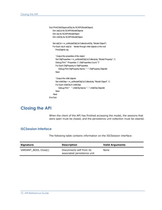Closing the API
Sub PrintChildObjs(rootObj As SCAPI.ModelObject)
Dim objCol As SCAPI.ModelObjects
Dim obj As SCAPI.ModelObject
Dim chilObj As SCAPI.ModelObject
Set objCol = m_scModelObjCol.Collect(rootObj, "Model Object")
For Each obj In objCol ' iterate through child objects or the root
PrintObjInfo obj
' Output the properties of the object
Set ObjProperties = m_scModelObjCol.Collect(obj, "Model Property", 1)
Debug.Print " Properties: ("; ObjProperties.Count; ")"
For Each ObjProperty In ObjProperties
Debug.Print ObjProperty.Name; " - "; ObjProperty.ObjectId
Next
' Output the child objects
Set childObjs = m_scModelObjCol.Collect(obj, "Model Object", 1)
For Each childObj In childObjs
Debug.Print " "; childObj.Name; " - "; childObj.ObjectId
Next
Next
End Sub
Closing the API
When the client of the API has finished accessing the model, the sessions that
were open must be closed, and the persistence unit collection must be cleared.
ISCSession Interface
The following table contains information on the ISCSession interface:
Signature Description Valid Arguments
VARIANT_BOOL Close() Disconnects self from its
associated persistence unit
None
72 API Reference Guide
 