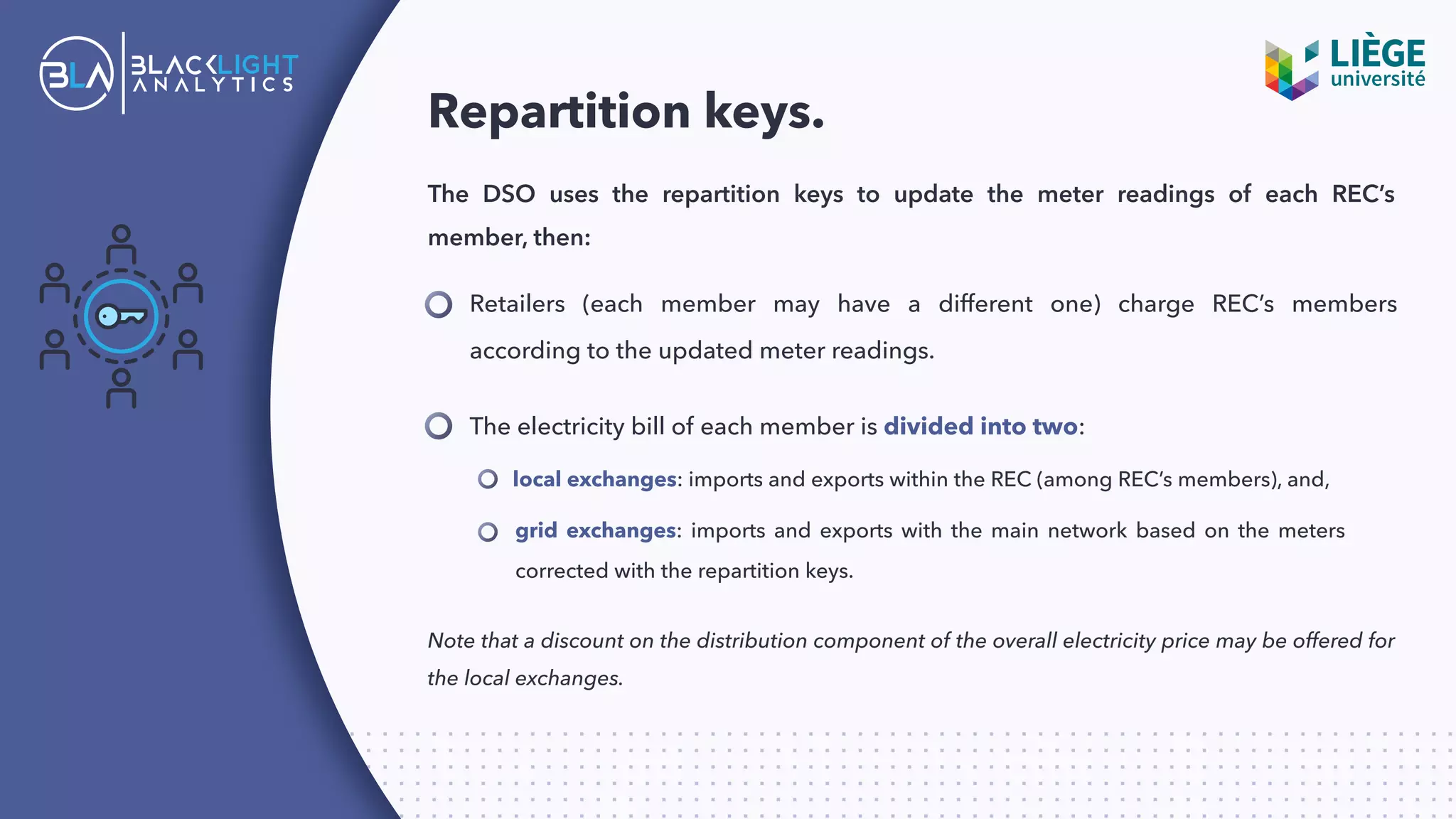 Repartition keys.
Retailers (each member may have a different one) charge REC’s members
according to the updated meter readings.
The DSO uses the repartition keys to update the meter readings of each REC’s
member, then:
The electricity bill of each member is divided into two:
local exchanges: imports and exports within the REC (among REC’s members), and,
grid exchanges: imports and exports with the main network based on the meters
corrected with the repartition keys.
Note that a discount on the distribution component of the overall electricity price may be offered for
the local exchanges.
 