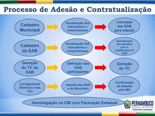 Processo de Adesão e Contratualização Cadastro Municipal Visualização dos Indicadores e compromissos Liberação das EAB par...