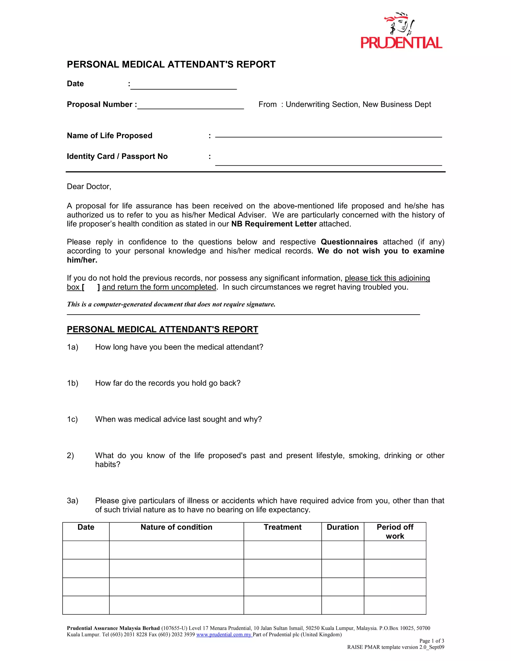 Personal Medical Attendant's Report PDF