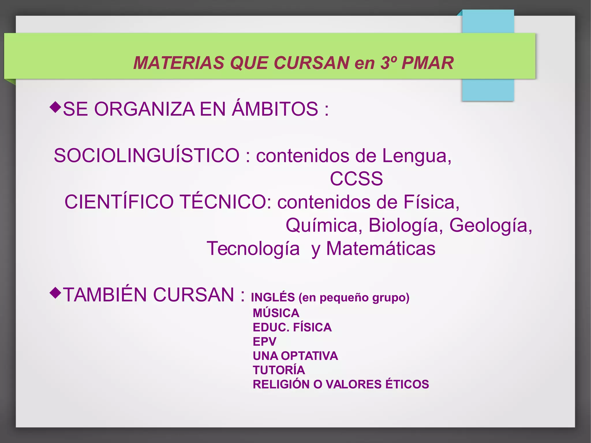MATERIAS QUE CURSAN en 3º PMAR
SE ORGANIZA EN ÁMBITOS :
SOCIOLINGUÍSTICO : contenidos de Lengua,
CCSS
CIENTÍFICO TÉCNICO: contenidos de Física,
Química, Biología, Geología,
Tecnología y Matemáticas
TAMBIÉN CURSAN : INGLÉS (en pequeño grupo)
MÚSICA
EDUC. FÍSICA
EPV
UNA OPTATIVA
TUTORÍA
RELIGIÓN O VALORES ÉTICOS