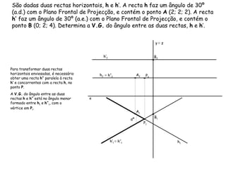 São dadas duas rectas horizontais,  h  e  h ’. A recta  h  faz um ângulo de 30º (a.d.) com o Plano Frontal de Projecção, e contém o ponto  A  (2; 2; 2). A recta  h’  faz um ângulo de 30º (a.e.) com o Plano Frontal de Projecção, e contém o ponto  B  (0; 2; 4). Determina a  V.G.  do ângulo entre as duas rectas,  h  e  h ’. h 2 h 1 h’ 2 h’ 1 Para transformar duas rectas horizontais enviesadas, é necessário obter uma recta  h’’  paralela à recta  h’  e concorrentes com a recta  h , no ponto  P .  A  V.G.  do ângulo entre as duas rectas  h  e  h’’  está no ângulo menor formado entre  h 1  e  h’’ 1 , com o vértice em  P 1 . ≡   h’’ 2  ≡   h’’ 1  αº x y   ≡  z A 1 A 2 B 1 B 2 P 1 P 2 