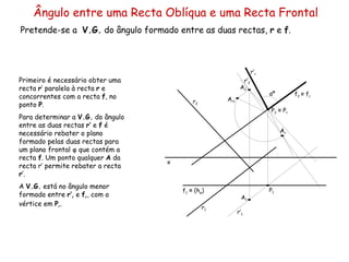 Ângulo entre uma Recta Oblíqua e uma Recta Frontal Pretende-se a  V.G.  do ângulo formado entre as duas rectas,  r  e  f .  r 2  r 1  f 1  f 2  Primeiro é necessário obter uma recta  r ’ paralela à recta  r  e concorrentes com a recta  f , no ponto  P .  Para determinar a  V.G.  do ângulo entre as duas rectas  r’  e  f  é necessário rebater o plano formado pelas duas rectas para um plano frontal φ que contém a recta  f . Um ponto qualquer  A  da recta r ’  permite rebater a recta  r ’ . A  V.G.  está no ângulo menor formado entre  r’ r  e  f r , com o vértice em  P r . r’ 1  r’ 2  ≡   (h φ ) ≡   f r ≡   P r r’ r  αº x P 1 P 2 A 1 A 2 A r1 A r 