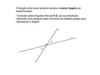 s r A O ângulo entre duas rectas é sempre o  menor ângulo  por estas formado. O estudo sobre ângulos trata da  V.G.  da sua amplitude, utilizando uma qualquer letra minúscula do alfabeto grego para representar o ângulo. αº αº 