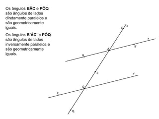 s r A B B’ C C’ r’ O P Q Os ângulos  BÂC  e  PÔQ  são ângulos de lados diretamente paralelos e  são geometricamente iguais. Os ângulos  B’ÂC’  e  PÔQ  são ângulos de lados inversamente paralelos e  são geometricamente iguais. 