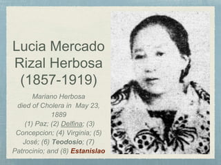 Lucia Mercado
Rizal Herbosa
(1857-1919)
Mariano Herbosa
died of Cholera in May 23,
1889
(1) Paz; (2) Delfina; (3)
Concepcion; (4) Virginia; (5)
José; (6) Teodosio; (7)
Patrocinio; and (8) Estanislao
 