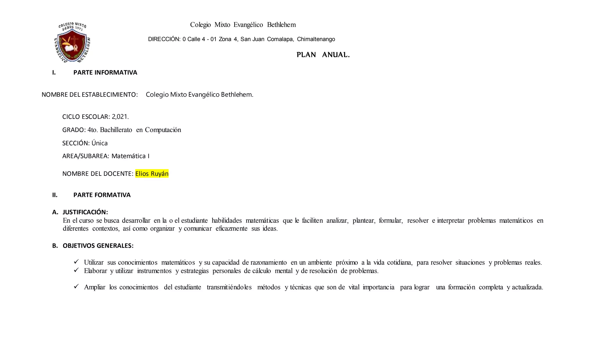 matemática cuarto bachillerato | DOCX