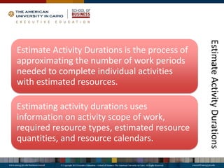 Estimate
Activity
Durations
Estimate Activity Durations is the process of
approximating the number of work periods
needed to complete individual activities
with estimated resources.
Estimating activity durations uses
information on activity scope of work,
required resource types, estimated resource
quantities, and resource calendars.
 