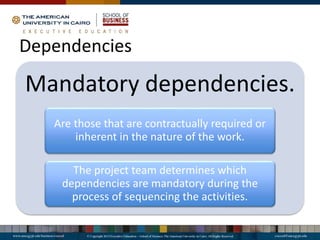 Dependencies
Mandatory dependencies.
Are those that are contractually required or
inherent in the nature of the work.
The project team determines which
dependencies are mandatory during the
process of sequencing the activities.
 