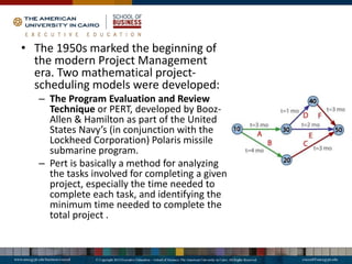 • The 1950s marked the beginning of
the modern Project Management
era. Two mathematical project-
scheduling models were developed:
– The Program Evaluation and Review
Technique or PERT, developed by Booz-
Allen & Hamilton as part of the United
States Navy’s (in conjunction with the
Lockheed Corporation) Polaris missile
submarine program.
– Pert is basically a method for analyzing
the tasks involved for completing a given
project, especially the time needed to
complete each task, and identifying the
minimum time needed to complete the
total project .
 