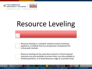 Resource Leveling
Resource leveling is a schedule network analysis technique
applied to a schedule that has already been analyzed by the
critical path method.
Resource leveling can be used when shared or critical required
resources are only available at certain times, are only available in
limited quantities, or to keep Resource usage at a constant level.
 