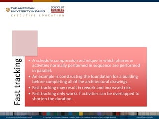 Fast
tracking
• A schedule compression technique in which phases or
activities normally performed in sequence are performed
in parallel.
• An example is constructing the foundation for a building
before completing all of the architectural drawings.
• Fast tracking may result in rework and increased risk.
• Fast tracking only works if activities can be overlapped to
shorten the duration.
 