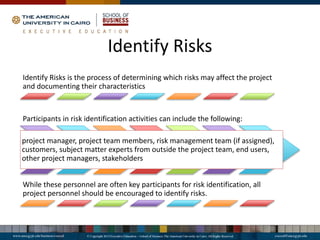 Identify Risks
Identify Risks is the process of determining which risks may affect the project
and documenting their characteristics
Participants in risk identification activities can include the following:
project manager, project team members, risk management team (if assigned),
customers, subject matter experts from outside the project team, end users,
other project managers, stakeholders
While these personnel are often key participants for risk identification, all
project personnel should be encouraged to identify risks.
 