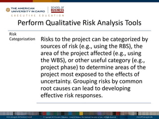 Perform Qualitative Risk Analysis Tools
Risk
Categorization Risks to the project can be categorized by
sources of risk (e.g., using the RBS), the
area of the project affected (e.g., using
the WBS), or other useful category (e.g.,
project phase) to determine areas of the
project most exposed to the effects of
uncertainty. Grouping risks by common
root causes can lead to developing
effective risk responses.
 