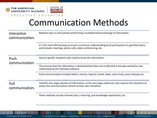 Communication Methods
Interactive
communication.
Between two or more parties performing a multidirectional exchange of information.
It is the most efficient way to ensure a common understanding by all participants on specified topics,
and includes meetings, phone calls, video conferencing, etc.
Push
communication.
Sent to specific recipients who need to know the information.
This ensures that the information is distributed but does not certify that it actually reached or was
understood by the intended audience.
Push communication includes letters, memos, reports, emails, faxes, voice mails, press releases etc.
Pull
communication.
Used for very large volumes of information, or for very large audiences, that requires the recipients to
access the communication content at their own discretion.
These methods include intranet sites, e-learning, and knowledge repositories, etc.
 
