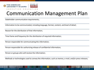 Communication Management Plan
Stakeholder communication requirements;
Information to be communicated, including language, format, content, and level of detail;
Reason for the distribution of that information;
Time frame and frequency for the distribution of required information;
Person responsible for communicating the information;
Person responsible for authorizing release of confidential information;
Person or groups who will receive the information;
Methods or technologies used to convey the information, such as memos, e-mail, and/or press releases;
 