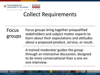 Collect Requirements
Focus
groups
Focus groups bring together prequalified
stakeholders and subject matter experts to
learn about their expectations and attitudes
about a proposed product, service, or result.
A trained moderator guides the group
through an interactive discussion, designed
to be more conversational than a one on-
one interview.
 