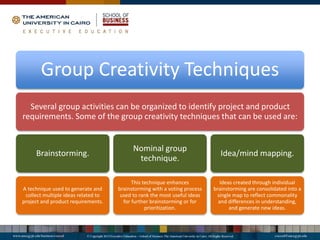 Group Creativity Techniques
Several group activities can be organized to identify project and product
requirements. Some of the group creativity techniques that can be used are:
Brainstorming.
A technique used to generate and
collect multiple ideas related to
project and product requirements.
Nominal group
technique.
This technique enhances
brainstorming with a voting process
used to rank the most useful ideas
for further brainstorming or for
prioritization.
Idea/mind mapping.
Ideas created through individual
brainstorming are consolidated into a
single map to reflect commonality
and differences in understanding,
and generate new ideas.
 