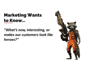 “What’s new, interesting, or
makes our customers look like
heroes?”
Marketing Wants
to Know…
 