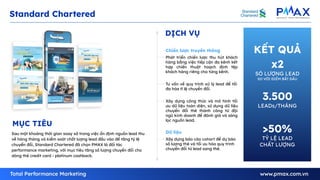 14
Standard Chartered
KẾT QUẢ
Sau một khoảng thời gian xoay xở trong việc ổn định nguồn lead thu
về hàng tháng và kiểm soát chất lượng lead đầu vào để tăng tỷ lệ
chuyển đổi, Standard Chartered đã chọn PMAX là đối tác
performance marketing, với mục tiêu tăng số lượng chuyển đổi cho
dòng thẻ credit card - platinum cashback.
MỤC TIÊU
Phát triển chiến lược thu hút khách
hàng bằng việc tiếp cận đa kênh kết
hợp chiến thuật hoạch định tệp
khách hàng riêng cho từng kênh.
Tư vấn về quy trình xử lý lead để tối
đa hóa tỉ lệ chuyển đổi.
Xây dựng công thức và mô hình tối
ưu dữ liệu toàn diện, sử dụng dữ liệu
chuyển đổi thẻ thành công từ đội
ngũ kinh doanh để đánh giá và sàng
lọc nguồn lead.
Chiến lược truyền thông
Xây dựng báo cáo cohort để dự báo
số lượng thẻ và tối ưu hóa quy trình
chuyển đổi từ lead sang thẻ.
Dữ liệu
DỊCH VỤ
x2
SÓ LƯỢNG LEAD
SO VỚI ĐIỂM BẮT ĐẦU
3.500
LEADs/THÁNG
>50%
TỶ LỆ LEAD
CHẤT LƯỢNG
 