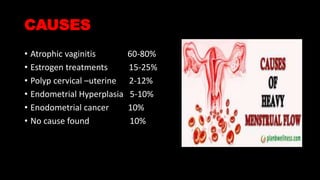 CAUSES
• Atrophic vaginitis 60-80%
• Estrogen treatments 15-25%
• Polyp cervical –uterine 2-12%
• Endometrial Hyperplasia 5-10%
• Enodometrial cancer 10%
• No cause found 10%
 