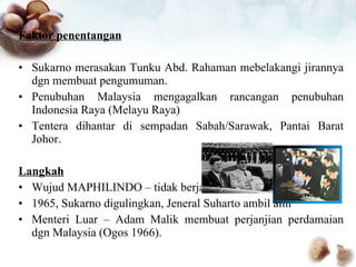 Faktor penentangan Sukarno merasakan Tunku Abd. Rahaman mebelakangi jirannya dgn membuat pengumuman. Penubuhan Malaysia mengagalkan rancangan penubuhan Indonesia Raya (Melayu Raya) Tentera dihantar di sempadan Sabah/Sarawak, Pantai Barat Johor. Langkah Wujud MAPHILINDO – tidak berjaya 1965, Sukarno digulingkan, Jeneral Suharto ambil alih Menteri Luar – Adam Malik membuat perjanjian perdamaian dgn Malaysia (Ogos 1966). 