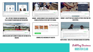 USA - APP GOES THROUGH OUR WARDROBE AND
TELLS US WHAT TO WEAR BASED ON THE WEATHER.
DRONE DELIVERS ANTI-VENOM TO SNAKE BITE VICTIMS IN THE
AMAZON. DOMINOS PIZZA WEDDING GIFT REGISTRY.
NORWAY - AVATAR CONNECTS SICK CHILDREN WITH THEIR
SCHOOL ACTIVITIES SO THEY DON’T GET BEHIND.
NORWAY - AN APP THAT HELPS GROUPS OF PEOPLE FIND TIME FOR
EACH OTHER.
SOUTH AFRICA - UBER STYLE ON DEMAND COURIER FOR SHOPPING.
 