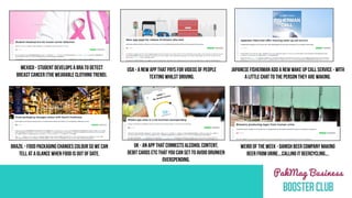 MEXICO - STUDENT DEVELOPS A BRA TO DETECT
BREAST CANCER (THE WEARABLE CLOTHING TREND).
BRAZIL - FOOD PACKAGING CHANGES COLOUR SO WE CAN
TELL AT A GLANCE WHEN FOOD IS OUT OF DATE.
UK - an APP THAT CONNECTS ALCOHOL CONTENT,
DEBIT CARDS ETC THAT YOU CAN SET TO AVOID DRUNKEN
OVERSPENDING.
USA - A NEW APP THAT PAYS FOR VIDEOS OF PEOPLE
TEXTING WHILST DRIVING.
JAPANESE FISHERMAN ADD A NEW WAKE UP CALL SERVICE - WITH
A LITTLE CHAT TO THE PERSON THEY ARE WAKING.
WEIRD OF THE WEEK - DANISH BEER COMPANY MAKING
BEER FROM URINE….CALLING IT BEERCYCLING….
 