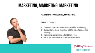 MARKETING, MARKETING, MARKETING
MARKETING, MARKETING, MARKETING.
BREAK IT DOWN -
1. The world has become complicated for marketing.
2. Our customers are changing all the time. We need to
keep up.
3. Marketing is more important than ever.
4. It has become more about communication.
 