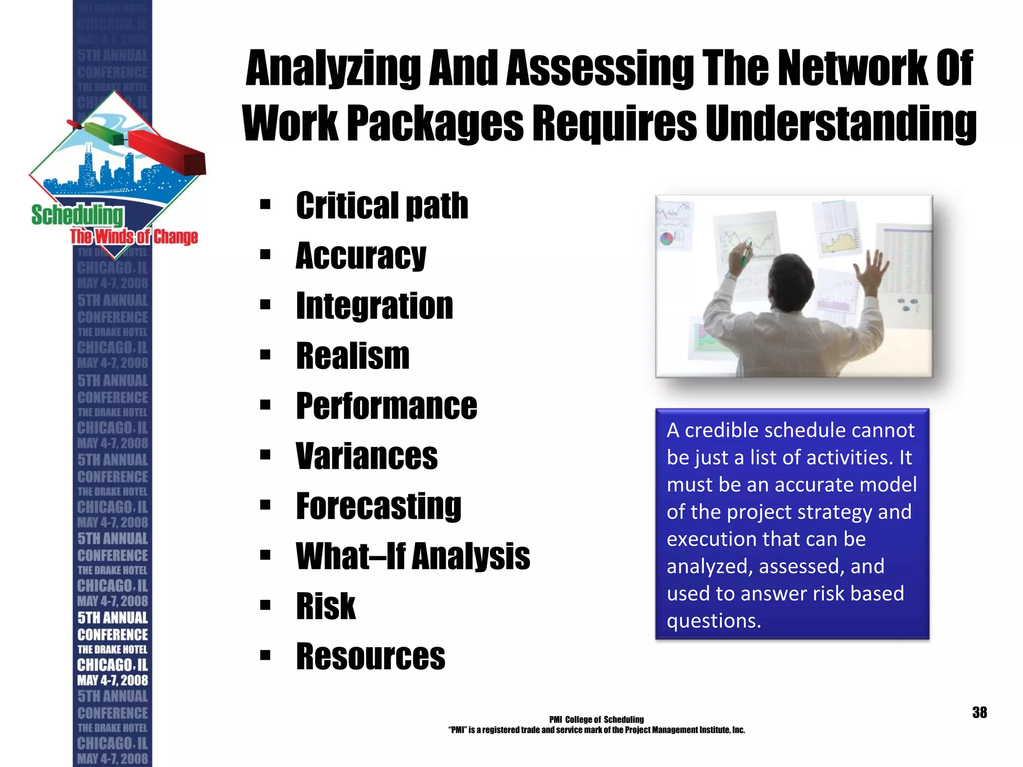 Analyzing And Assessing The Network Of Work Packages Requires Understanding Critical path Accuracy Integration Realism Performance Variances Forecasting What–If Analysis  Risk Resources  PMI  College of  Scheduling “ PMI” is a registered trade and service mark of the Project Management Institute, Inc. A credible schedule cannot be just a list of activities. It must be an accurate model of the project strategy and execution that can be analyzed, assessed, and used to answer risk based questions.  
