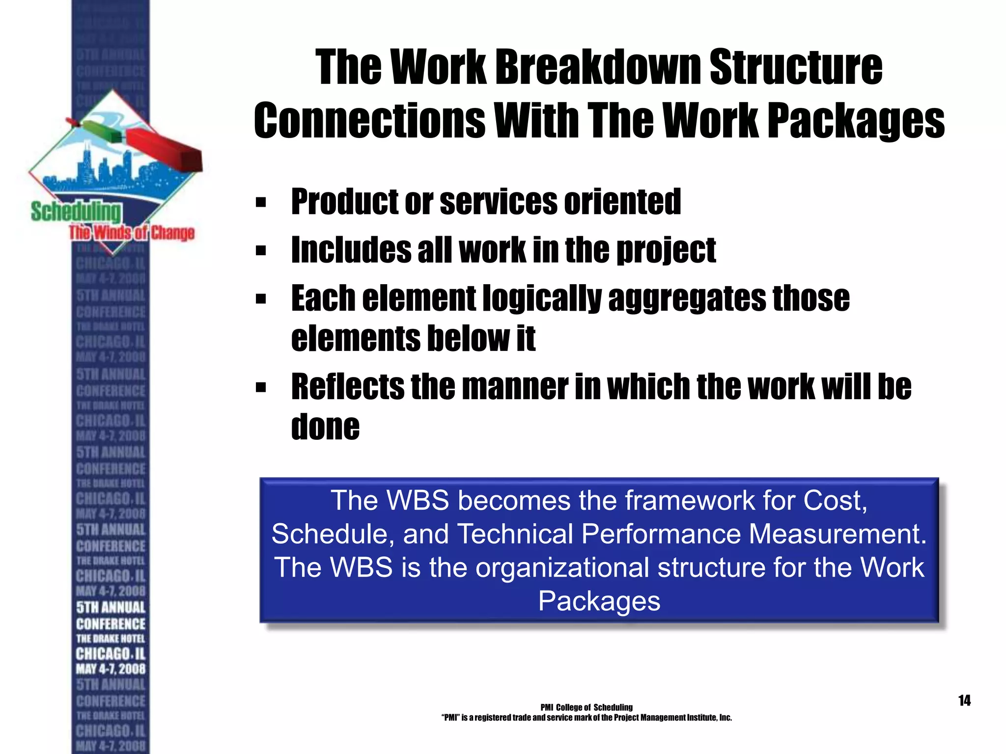 The Work Breakdown Structure
Connections With The Work Packages
 Product or services oriented
 Includes all work in the project
 Each element logically aggregates those
elements below it
 Reflects the manner in which the work will be
done
PMI College of Scheduling
“PMI” is a registered trade and service markof the Project Management Institute, Inc.
14
The WBS becomes the framework for Cost,
Schedule, and Technical Performance Measurement.
The WBS is the organizational structure for the Work
Packages
 