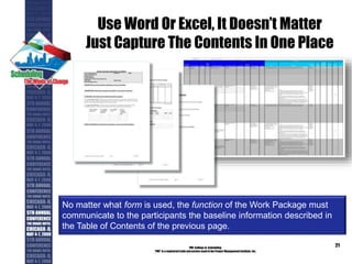 Use Word Or Excel, It Doesn’t Matter
Just Capture The Contents In One Place
PMI College of Scheduling
“PMI” is a registered trade and service markof the Project Management Institute, Inc.
21
No matter what form is used, the function of the Work Package must
communicate to the participants the baseline information described in
the Table of Contents of the previous page.
 