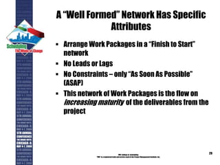 A “Well Formed” Network Has Specific
Attributes
 Arrange Work Packages in a “Finish to Start”
network
 No Leads or Lags
 No Constraints – only “As Soon As Possible”
(ASAP)
 This network of Work Packages is the flow on
increasing maturity of the deliverables from the
project
PMI College of Scheduling
“PMI” is a registered trade and service markof the Project Management Institute, Inc.
29
 