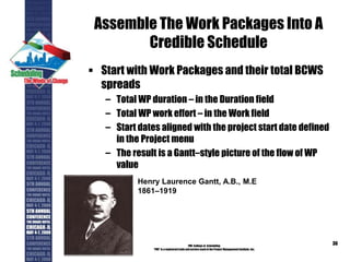 Assemble The Work Packages Into A
Credible Schedule
 Start with Work Packages and their total BCWS
spreads
– Total WP duration – in the Duration field
– Total WP work effort – in the Work field
– Start dates aligned with the project start date defined
in the Project menu
– The result is a Gantt–style picture of the flow of WP
value
PMI College of Scheduling
“PMI” is a registered trade and service markof the Project Management Institute, Inc.
36
Henry Laurence Gantt, A.B., M.E
1861–1919
 