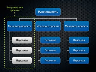 Координация
  проекта
                     Руководитель



 Менеджер проекта   Менеджер проекта   Менеджер проекта




      Персонал           Персонал           Персонал



      Персонал           Персонал           Персонал



      Персонал           Персонал           Персонал
 