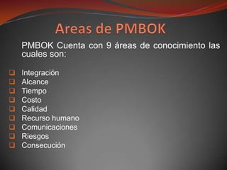 PMBOK Cuenta con 9 áreas de conocimiento las
    cuales son:

   Integración
   Alcance
   Tiempo
   Costo
   Calidad
   Recurso humano
   Comunicaciones
   Riesgos
   Consecución
 