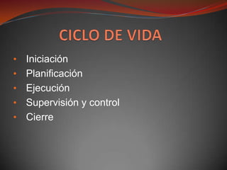• Iniciación
• Planificación
• Ejecución
• Supervisión y control
• Cierre
 