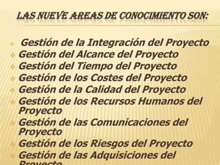 LAS NUEVE AREAS DE CONOCIMIENTO SON:

 Gestión de la Integración del Proyecto
 Gestión del Alcance del Proyecto
 Gestión del Tiempo del Proyecto
 Gestión de los Costes del Proyecto
 Gestión de la Calidad del Proyecto
 Gestión de los Recursos Humanos del
  Proyecto
 Gestión de las Comunicaciones del
  Proyecto
 Gestión de los Riesgos del Proyecto
 Gestión de las Adquisiciones del
 