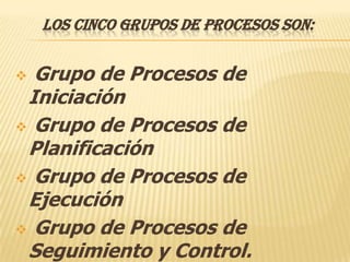 LOS CINCO GRUPOS DE PROCESOS SON:


 Grupo de Procesos de
 Iniciación
 Grupo de Procesos de
 Planificación
 Grupo de Procesos de
 Ejecución
 Grupo de Procesos de
 Seguimiento y Control.
 