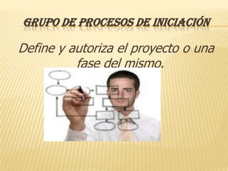 GRUPO DE PROCESOS DE INICIACIÓN

Define y autoriza el proyecto o una
          fase del mismo.
 