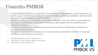Conceito PMBOK
- O Guia PMBOK identifica um subconjunto do conjunto de conhecimentos em gerenciamento de
projetos, que é amplamente reconhecido como boa prática, sendo em razão disso, utilizado como
base pelo Project Management Institute (PMI);
- Fornece e promove um vocabulário comum para se discutir, escrever e aplicar o gerenciamento
de projetos possibilitando o intercâmbio eficiente de informações entre os profissionais de
gerência de projetos;
- É baseado em processos e subprocessos para descrever de forma organizada o trabalho a ser
realizado durante o projeto;
- Os processos descritos se relacionam e interagem durante a condução do trabalho. A descrição
de cada um deles é feita em termos de:
● Entradas (documentos, planos, desenhos etc.);
● Ferramentas e técnicas (que se aplicam às entradas);
● Saídas (documentos, produtos etc.)
 