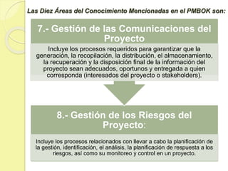 8.- Gestión de los Riesgos del
Proyecto:
Incluye los procesos relacionados con llevar a cabo la planificación de
la gestión, identificación, el análisis, la planificación de respuesta a los
riesgos, así como su monitoreo y control en un proyecto.
7.- Gestión de las Comunicaciones del
Proyecto
Incluye los procesos requeridos para garantizar que la
generación, la recopilación, la distribución, el almacenamiento,
la recuperación y la disposición final de la información del
proyecto sean adecuados, oportunos y entregada a quien
corresponda (interesados del proyecto o stakeholders).
Las Diez Áreas del Conocimiento Mencionadas en el PMBOK son:
 