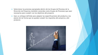  Seleccionar los procesos apropiados dentro de los Grupos de Procesos de la
Dirección de Proyectos (también conocidos como Grupos de Procesos) que sean
necesarios para cumplir con los objetivos del proyecto
 Usar un enfoque definido para adaptar las especificaciones del producto y los
planes de tal forma que se puedan cumplir los requisitos del proyecto y del
producto
 