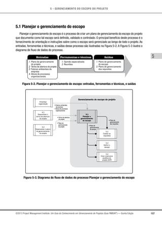 5 - GERENCIAMENTO DO ESCOPO DO PROJETO
5
107©2013 Project Management Institute. Um Guia do Conhecimento em Gerenciamento de Projetos (Guia PMBOK®
) — Quinta Edição
5.1 Planejar o gerenciamento do escopo
Planejar o gerenciamento do escopo é o processo de criar um plano de gerenciamento do escopo do projeto
que documenta como tal escopo será definido, validado e controlado. O principal benefício deste processo é o
fornecimento de orientação e instruções sobre como o escopo será gerenciado ao longo de todo o projeto. As
entradas, ferramentas e técnicas, e saídas desse processo são ilustradas na Figura 5-2. A Figura 5-3 ilustra o
diagrama de fluxo de dados do processo.
Entradas Ferramentas e técnicas Saídas
.1 Plano de gerenciamento
do projeto
.2 Termo de abertura do projeto
.3 Fatores ambientais da
empresa
.4 Ativos de processos
organizacionais
.1 Opinião especializada
.2 Reuniões
.1 Plano de gerenciamento
do escopo
.2 Plano de gerenciamento
dos requisitos
Figura 5-2. Planejar o gerenciamento do escopo: entradas, ferramentas e técnicas, e saídas
5.1
Planejar o
gerenciamento
do escopo
5.2
Coletar os
requisitos
5.3
Definir o
escopo
5.4
Criar a estrutura
analítica do
projeto (EAP)
Gerenciamento do escopo do projeto
Empresa/
organização
4.1
Desenvolver o
termo de abertura
do projeto
4.2
Desenvolver o plano
de gerenciamento
do projeto
• Termo de abertura
do projeto
• Plano de
gerenciamento
do projeto
• Plano de
gerenciamento
do escopo
• Plano de
gerenciamento
dos requisitos
• Fatores ambientais
da empresa
• Ativos de processos
organizacionais
Figura 5-3. Diagrama do fluxo de dados do processo Planejar o gerenciamento do escopo
 