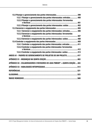 ÍNDICE
IX©2013 Project Management Institute. Um Guia do Conhecimento em Gerenciamento de Projetos (Guia PMBOK®
) — Quinta Edição
13.2 Planejar o gerenciamento das partes interessadas............................................ 399
13.2.1 Planejar o gerenciamento das partes interessadas: entradas................ 400
13.2.2 Planejar o gerenciamento das partes interessadas: ferramentas
e técnicas.................................................................................................. 401
13.2.3 Planejar o gerenciamento das partes interessadas: saídas................... 403
13.3 Gerenciar o engajamento das partes interessadas............................................. 404
13.3.1 Gerenciar o engajamento das partes interessadas: entradas................ 406
13.3.2 Gerenciar o engajamento das partes interessadas: ferramentas
e técnicas.................................................................................................. 407
13.3.3 Gerenciar o engajamento das partes interessadas: saídas.................... 408
13.4 Controlar o engajamento das partes interessadas.............................................. 409
13.4.1 Controlar o engajamento das partes interessadas: entradas................. 411
13.4.2 Controlar o engajamento das partes interessadas: ferramentas
e técnicas.................................................................................................. 412
13.4.3 Controlar o engajamento das partes interessadas: saídas..................... 413
ANEXO A1 - PADRÃO DE GERENCIAMENTO DE PROJETOS DE UM PROJETO.......................417
APÊNDICE X1 - MUDANÇAS NA QUINTA EDIÇÃO..................................................................463
APÊNDICE X2 - COLABORADORES E REVISORES DO GUIA PMBOK®
—QUINTA EDIÇÃO.....483
APÊNDICE X3 - HABILIDADES INTERPESSOAIS....................................................................513
REFERÊNCIAS........................................................................................................................521
GLOSSÁRIO............................................................................................................................523
ÍNDICE REMISSIVO................................................................................................................569
 