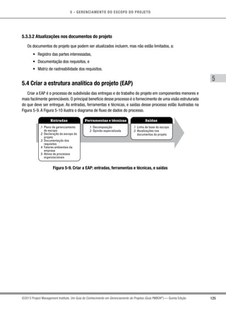 5 - GERENCIAMENTO DO ESCOPO DO PROJETO
5
125©2013 Project Management Institute. Um Guia do Conhecimento em Gerenciamento de Projetos (Guia PMBOK®
) — Quinta Edição
5.3.3.2 Atualizações nos documentos do projeto
Os documentos do projeto que podem ser atualizados incluem, mas não estão limitados, a:
•	 Registro das partes interessadas,
•	 Documentação dos requisitos, e
•	 Matriz de rastreabilidade dos requisitos.
5.4 Criar a estrutura analítica do projeto (EAP)
Criar a EAP é o processo de subdivisão das entregas e do trabalho do projeto em componentes menores e
mais facilmente gerenciáveis. O principal benefício desse processo é o fornecimento de uma visão estruturada
do que deve ser entregue. As entradas, ferramentas e técnicas, e saídas desse processo estão ilustradas na
Figura 5-9. A Figura 5-10 ilustra o diagrama de fluxo de dados do processo.
Entradas Ferramentas e técnicas Saídas
.1 Plano de gerenciamento
do escopo
.2 Declaração do escopo do
projeto
.3 Documentação dos
requisitos
.4 Fatores ambientais da
empresa
.5 Ativos de processos
organizacionais
.1 Decomposição
.2 Opinião especializada
.1 Linha de base do escopo
.2 Atualizações nos
documentos do projeto
Figura 5-9. Criar a EAP: entradas, ferramentas e técnicas, e saídas
 