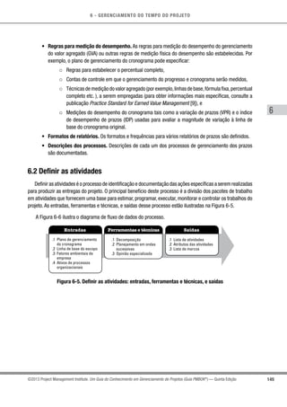 6 - GERENCIAMENTO DO TEMPO DO PROJETO
149
6
©2013 Project Management Institute. Um Guia do Conhecimento em Gerenciamento de Projetos (Guia PMBOK®
) — Quinta Edição
•	 Regras para medição do desempenho. As regras para medição do desempenho do gerenciamento
do valor agregado (GVA) ou outras regras de medição física do desempenho são estabelecidas. Por
exemplo, o plano de gerenciamento do cronograma pode especificar:
○○ Regras para estabelecer o percentual completo,
○○ Contas de controle em que o gerenciamento do progresso e cronograma serão medidos,
○○ Técnicasdemediçãodovaloragregado(porexemplo,linhasdebase,fórmulafixa,percentual
completo etc. ), a serem empregadas (para obter informações mais específicas, consulte a
publicação Practice Standard for Earned Value Management [9]), e
○○ Medições do desempenho do cronograma tais como a variação de prazos (VPR) e o índice
de desempenho de prazos (IDP) usadas para avaliar a magnitude de variação à linha de
base do cronograma original.
•	 Formatos de relatórios. Os formatos e frequências para vários relatórios de prazos são definidos.
•	 Descrições dos processos. Descrições de cada um dos processos de gerenciamento dos prazos
são documentadas.
6.2 Definir as atividades
Definir as atividades é o processo de identificação e documentação das ações específicas a serem realizadas
para produzir as entregas do projeto. O principal benefício deste processo é a divisão dos pacotes de trabalho
em atividades que fornecem uma base para estimar, programar, executar, monitorar e controlar os trabalhos do
projeto. As entradas, ferramentas e técnicas, e saídas desse processo estão ilustradas na Figura 6-5.
A Figura 6-6 ilustra o diagrama de fluxo de dados do processo.
Entradas Ferramentas e técnicas Saídas
.1 Plano de gerenciamento
do cronograma
.2 Linha de base do escopo
.3 Fatores ambientais da
empresa
.4 Ativos de processos
organizacionais
.1 Decomposição
.2 Planejamento em ondas
sucessivas
.3 Opinião especializada
.1 Lista de atividades
.2 Atributos das atividades
.3 Lista de marcos
Figura 6-5. Definir as atividades: entradas, ferramentas e técnicas, e saídas
 