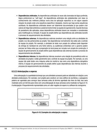 6 - GERENCIAMENTO DO TEMPO DO PROJETO
158 ©2013 Project Management Institute. Um Guia do Conhecimento em Gerenciamento de Projetos (Guia PMBOK®
) — Quinta Edição
•	 Dependências arbitradas. As dependências arbitradas às vezes são chamadas de lógica preferida,
lógica preferencial ou “soft logic”. As dependências arbitradas são estabelecidas com base no
conhecimento das melhores práticas numa área de aplicação específica ou em algum aspecto
singular do projeto onde uma sequência específica é desejada, mesmo que haja outras sequências
aceitáveis. As dependências arbitradas devem ser totalmente documentadas já que podem criar
valores de folga total arbitrários e posteriormente limitar as opções de agendamento.Quando técnicas
de paralelismo são aplicadas, essas dependências arbitradas devem ser revisadas e consideradas
para modificação ou remoção. A equipe do projeto define que dependências são arbitradas durante
o processo de sequenciamento das atividades.
•	 Dependências externas. As dependências externas envolvem uma relação entre as atividades do
projeto e as não pertencentes ao projeto. Tais dependências normalmente não estão sob o controle
da equipe do projeto. Por exemplo, a atividade de teste num projeto de software pode depender
da entrega de hardware de uma fonte externa, ou audiências ambientais com o governo podem
precisar ser feitas antes que a preparação do local possa ser iniciada num projeto de construção. A
equipe de gerenciamento do projeto define quais dependências são externas durante o processo de
sequenciamento das atividades.
•	 Dependências internas. As dependências internas envolvem uma relação de precedência entre as
atividades do projeto e estão geralmente sob o controle da equipe do projeto. Por exemplo, se uma
equipe não pode testar uma máquina antes de montá-la, isso seria uma dependência obrigatória
interna. A equipe de gerenciamento do projeto define quais dependências são internas durante o
processo de sequenciamento das atividades.
6.3.2.3 Antecipações e esperas
Uma antecipação é a quantidade de tempo que uma atividade sucessora pode ser adiantada em relação a uma
atividade predecessora. Por exemplo, num projeto para construir um novo edifício de escritórios, o paisagismo
poderia ser agendado para começar duas semanas antes do término agendado dos itens da lista. Isso seria
mostrado como um término para início com uma antecipação de duas semanas como mostrado na Figura 6-10.
A antecipação é frequentemente representada como um valor negativo de espera no software de cronograma.
Completar os
Itens da lista
Redigir o
rascunho
Paisagem
Urbanizável
Editar o
rascunho
II – 15 dias (Espera)TI – 2 semanas (Antecipação)
Figura 6-10. Exemplos de antecipação e espera
 